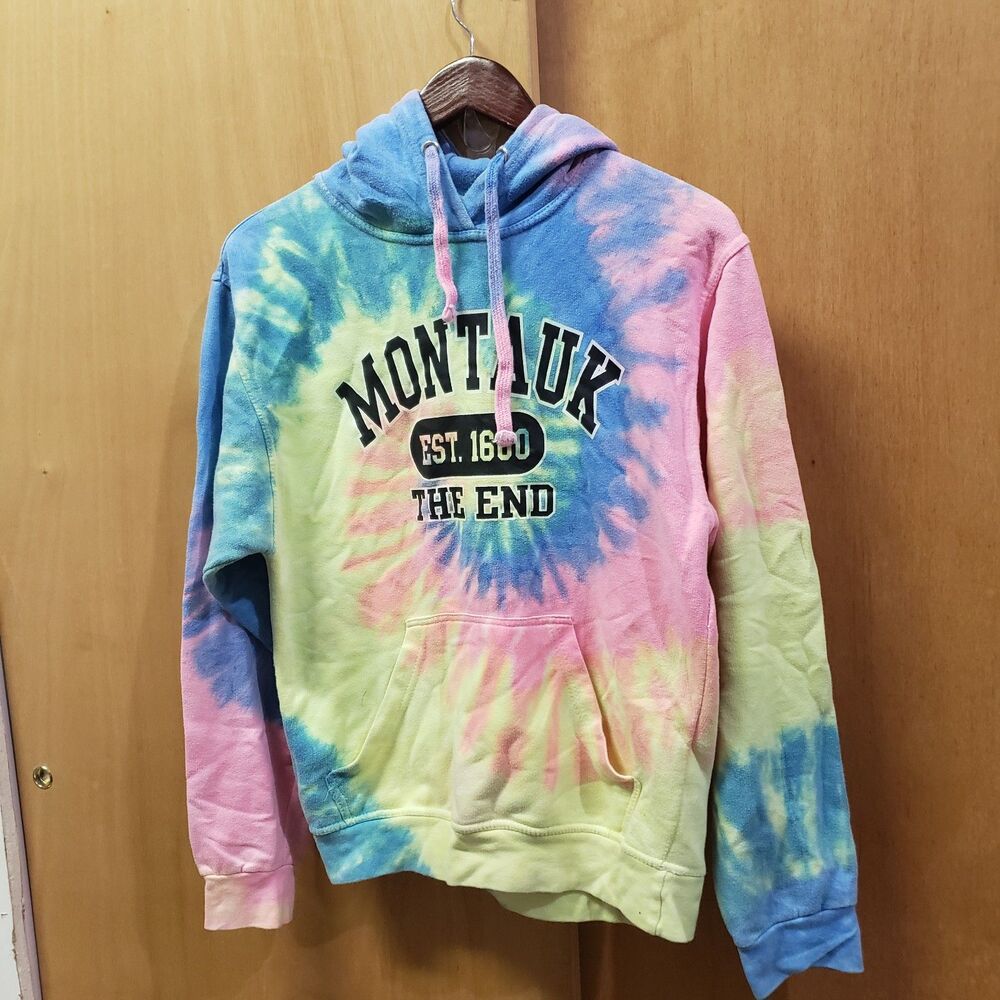 Tie Dye Montauk The End Hoodie Size S Shoulder-hem 24" Pit-pit 18" #B1